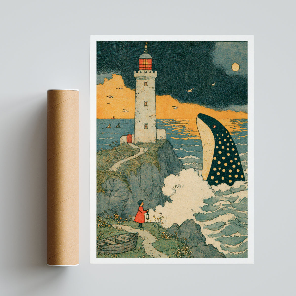 Vintage Storybook Lighthouse Print, Whale Illustration, Coastal Nursery Wall Art, Child with