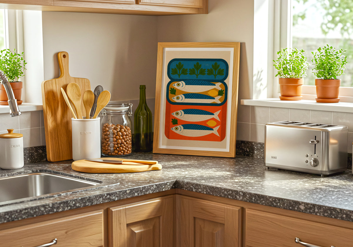 Vintage Food Poster Print, Sardine Tin Art, Rustic Kitchen Decor, Retro Mid Century Risograph Fish