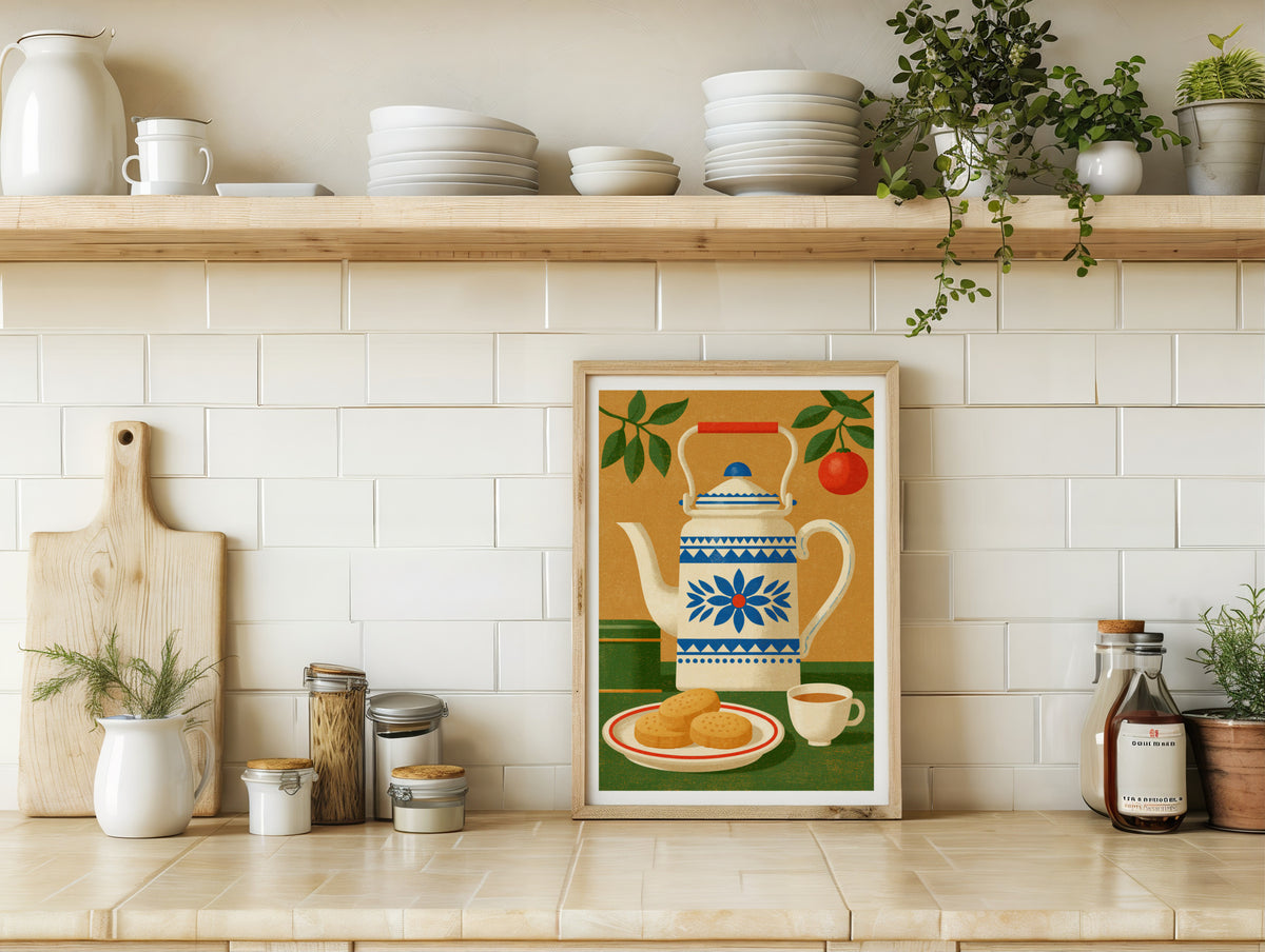 Vintage Food Poster Print, Retro Tea Kettle Art, Rustic Kitchen Decor, Mid Century Risograph Wall