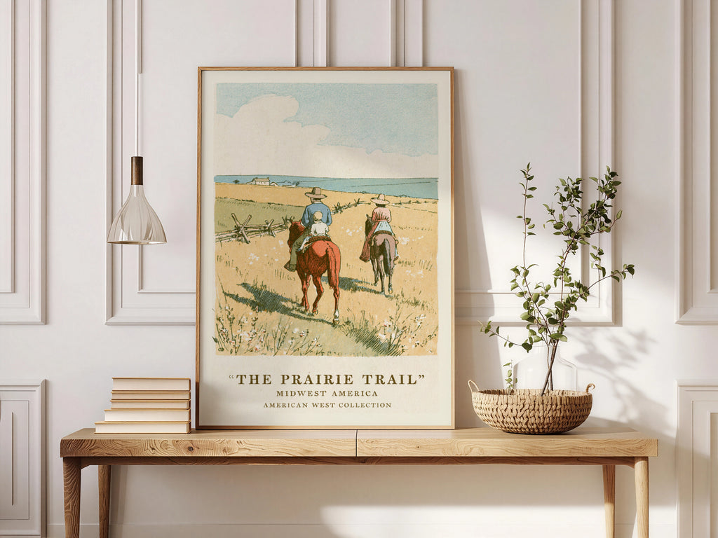 Vintage Prairie Trail Print, Midwest America Wall Art, Western Landscape Poster, Horseback Riders