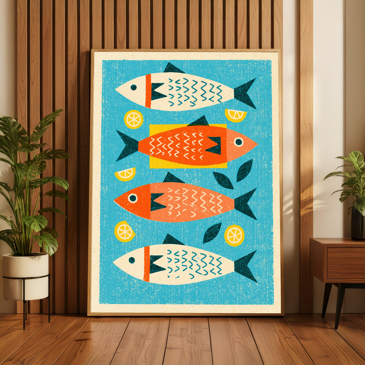 Vintage Food Poster Print | Rustic Kitchen Decor, Mid Century Sardine Fish Art, Retro Seafood Wall