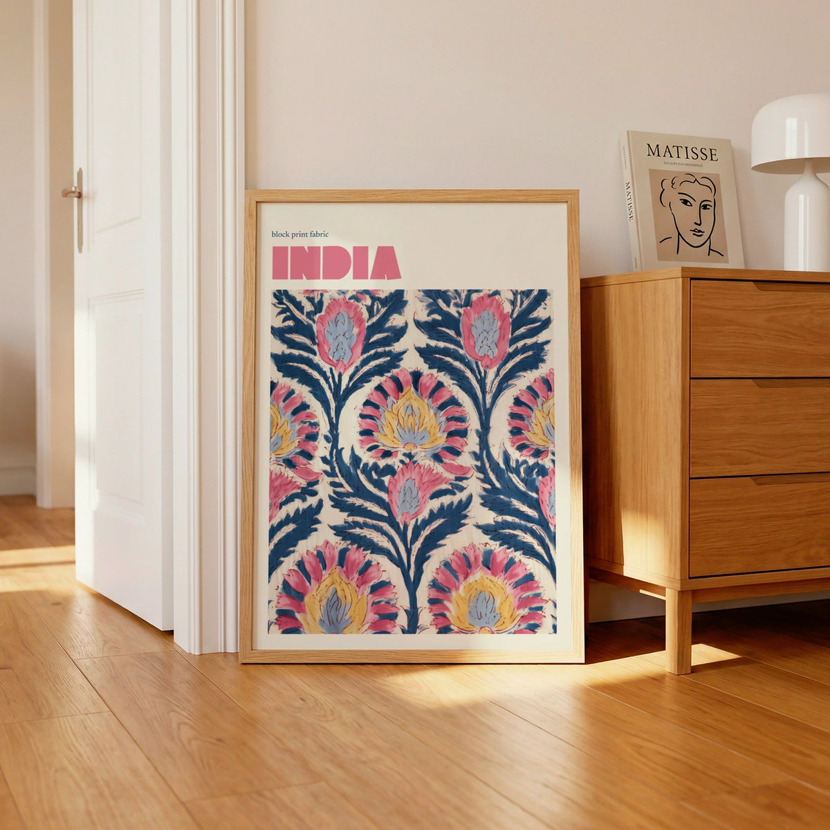 India Block Print Fabric Contemporary Travel Art, Floral Wall Art Print, Pink Blue
