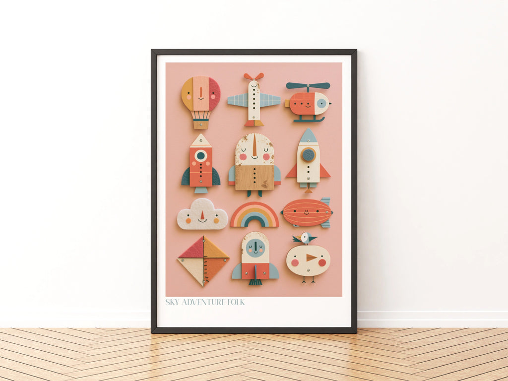 Sky Adventure Folk Retro Kids Print, Wooden Toy Art, Children's Collectable Nursery Poster