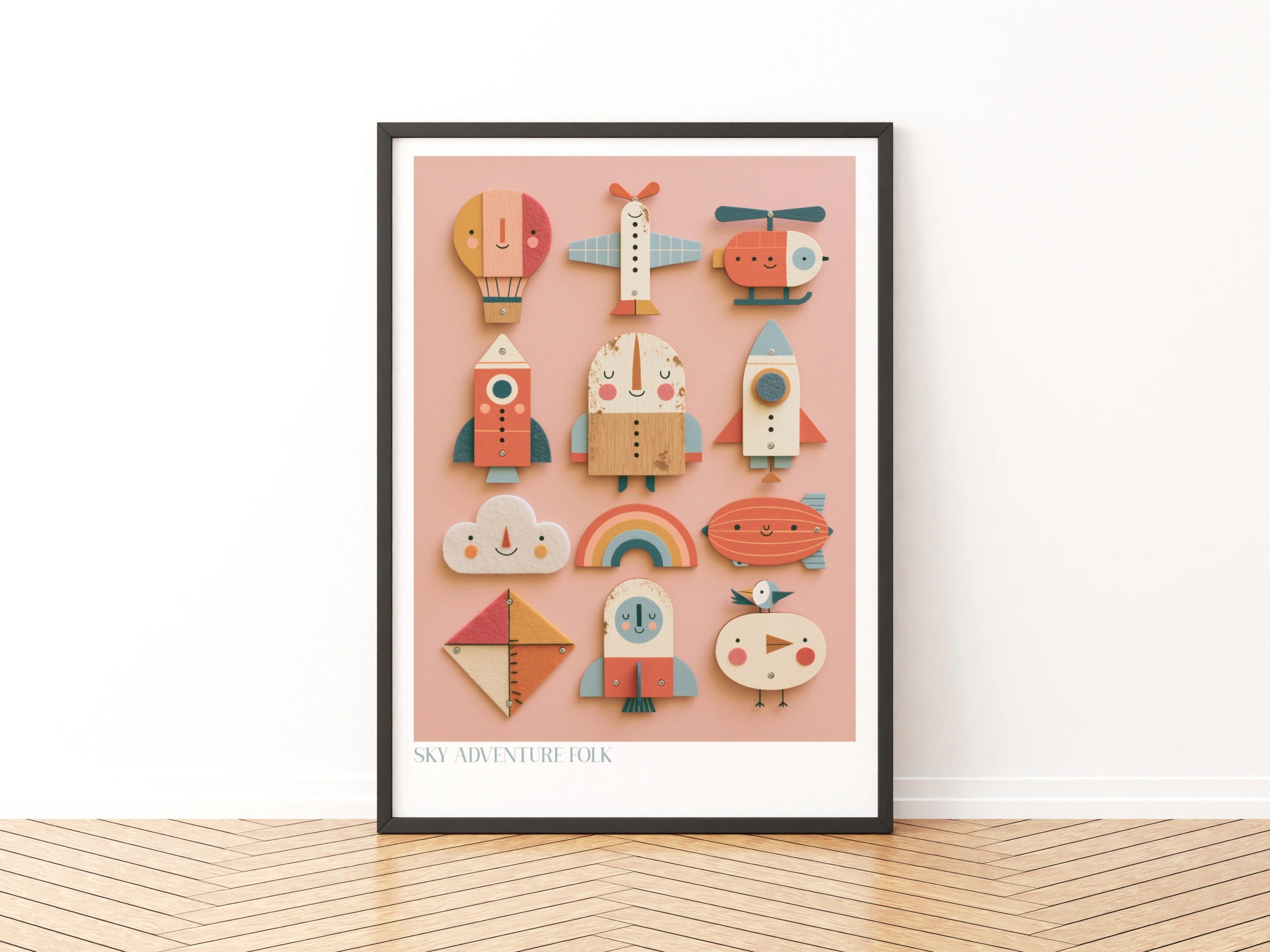 Sky Adventure Folk Retro Kids Print, Wooden Toy Art, Children's Collectable Nursery Poster