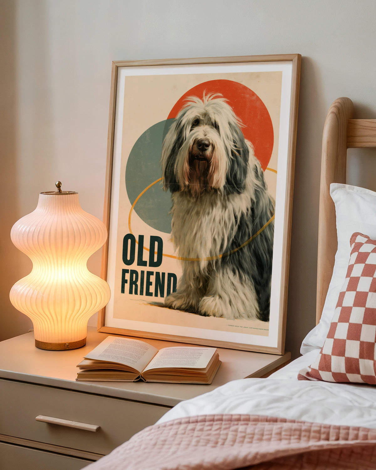 Old English Sheepdog Retro Poster, Vintage Dog Print, Folk Wall Art, Bobtail Gift
