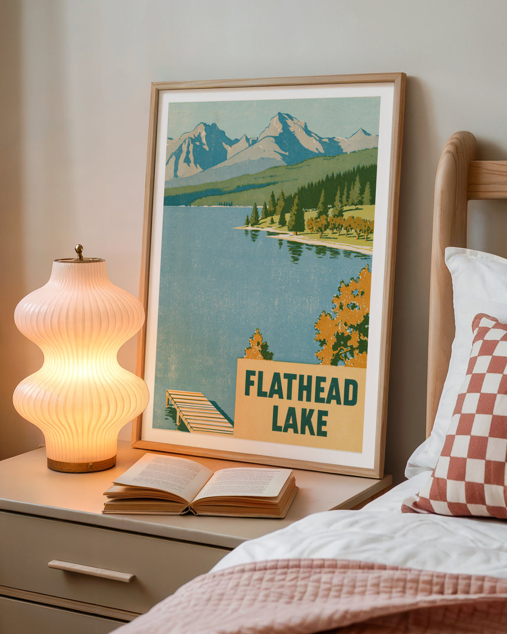 Flathead Lake Montana Retro Poster, Vintage Travel Print, Mountain Lake Wall Art, Cabin Decor