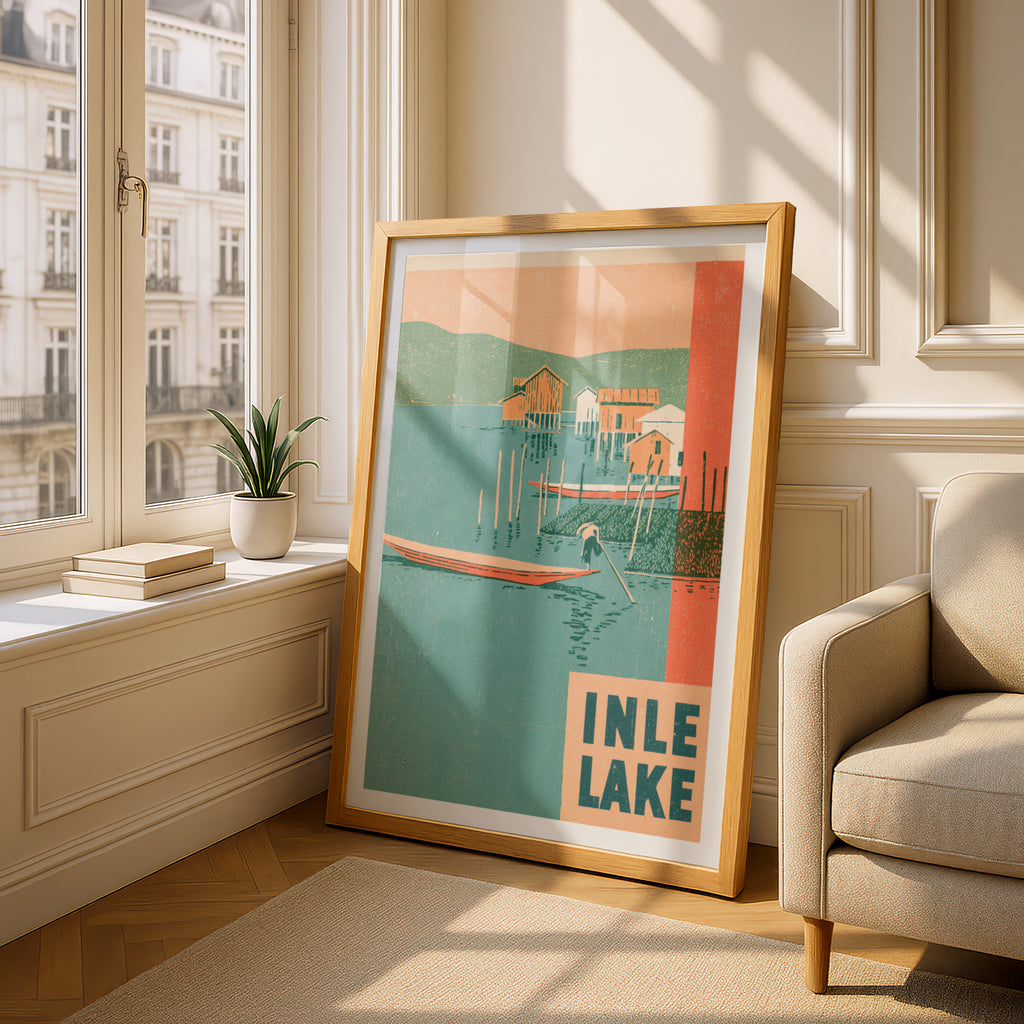 Retro Inle Lake Poster, Vintage Travel Print, Myanmar Burma Wall Art, Stilt Houses, Fisherman Boat