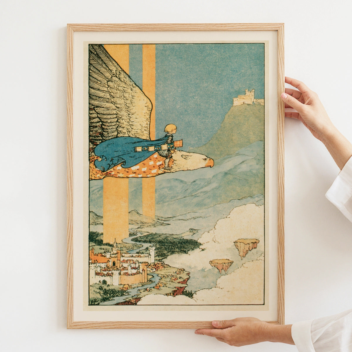 Boy Riding Giant Eagle Print, Retro Children's Fantasy Poster, Fairy Tale Kids Wall Art