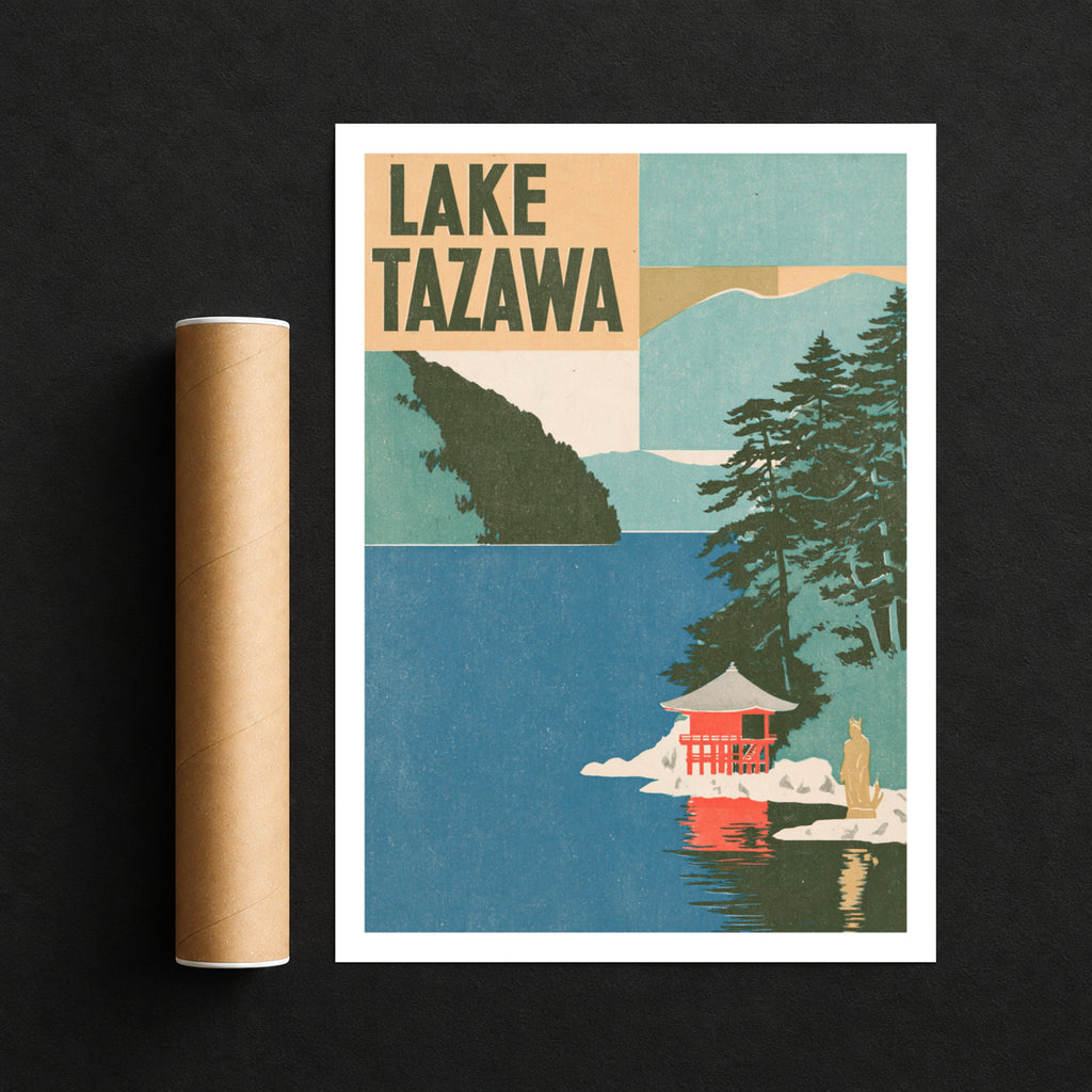 Retro Lake Tazawa Japan Poster, Vintage Travel Print, Akita Pine Trees Red Pavilion Wall Art
