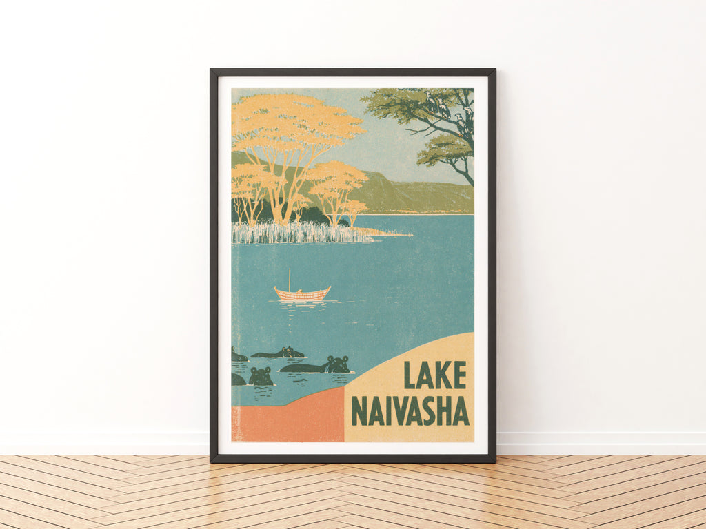 Retro Lake Naivasha Kenya Poster, Vintage Travel Wall Art, Hippo Safari Print, African Landscape
