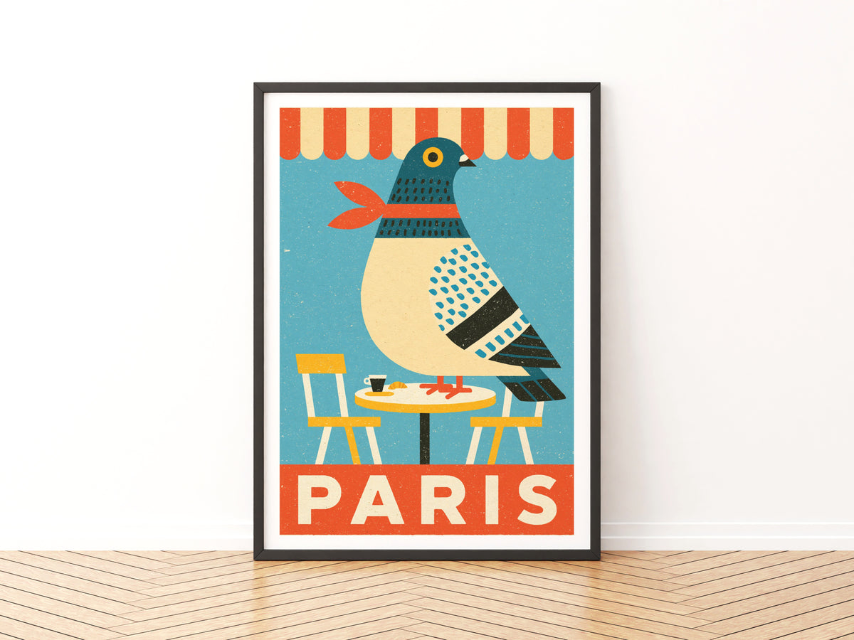 Paris Pigeon Retro Print, French Cafe Wall Art, Vintage Travel Folk Bird Art Print