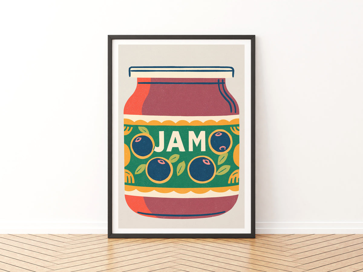Vintage Food Poster Print | Rustic Kitchen Decor, Jam Jar Illustration, Blueberry Fruit Art