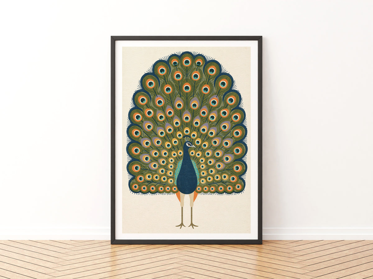 Vintage Peacock Print, Retro Bird Wall Art, Mid Century Poster, Colourful Feather Illustration