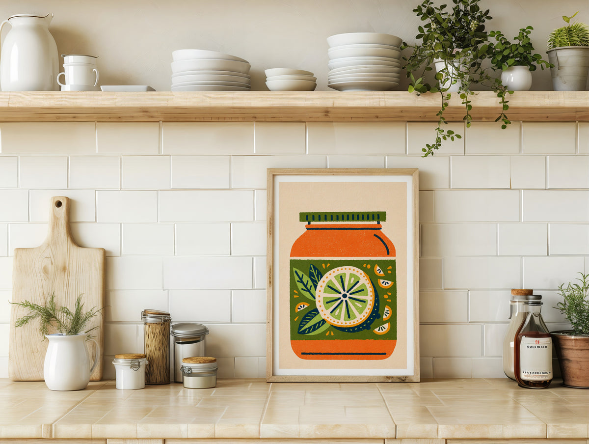 Vintage Food Poster Print, Retro Jam Jar Lemon Art, Rustic Kitchen Decor, Mid Century Risograph