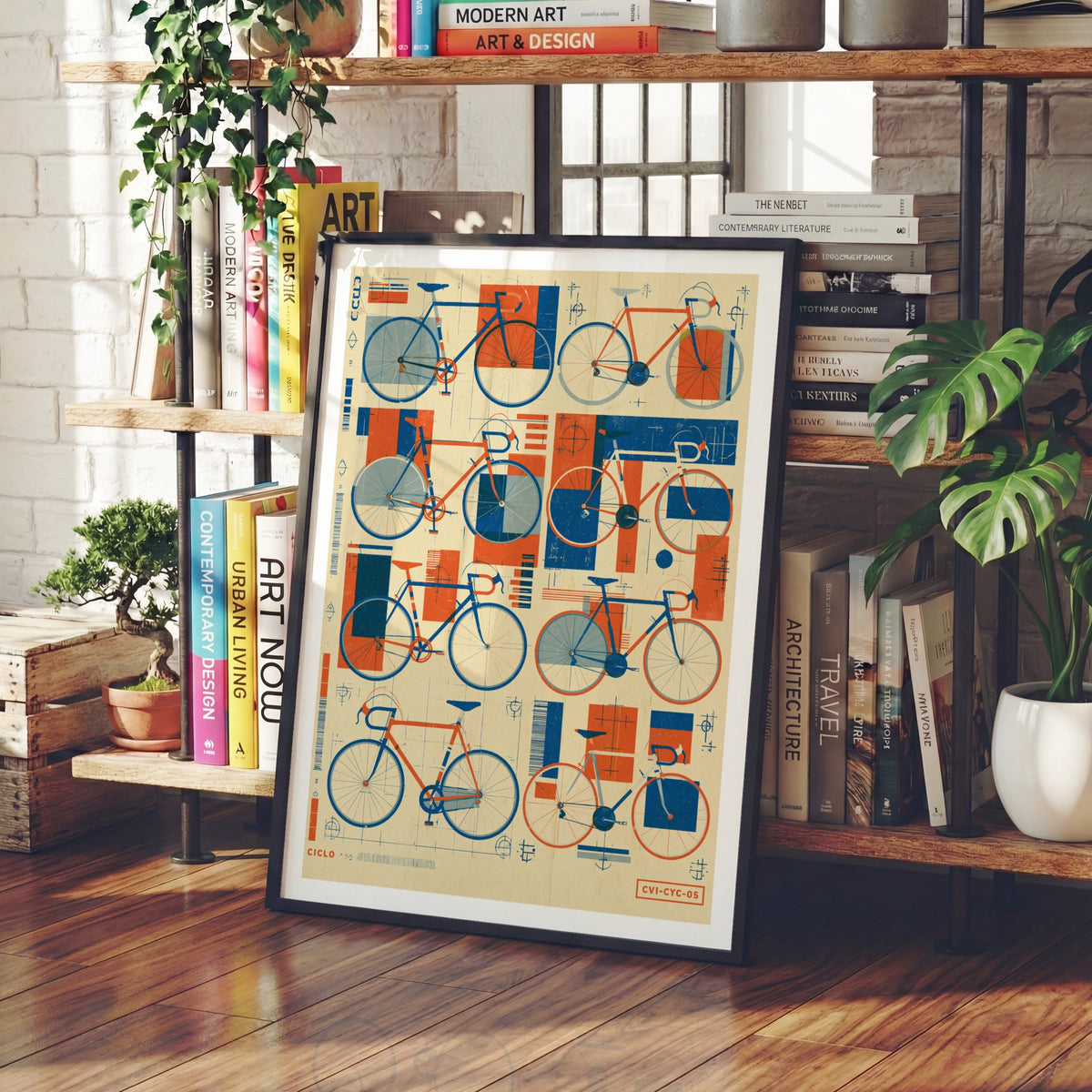 Retro Bicycle Poster, Vintage Cycling Blueprint Art Print, Blue Orange Bike Wall Art