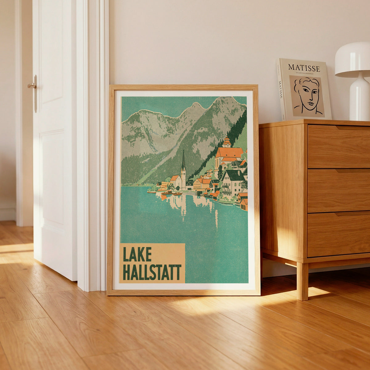 Lake Hallstatt Austria Retro Travel Poster, Vintage Travel Alpine Village Art Print, Wall Decor