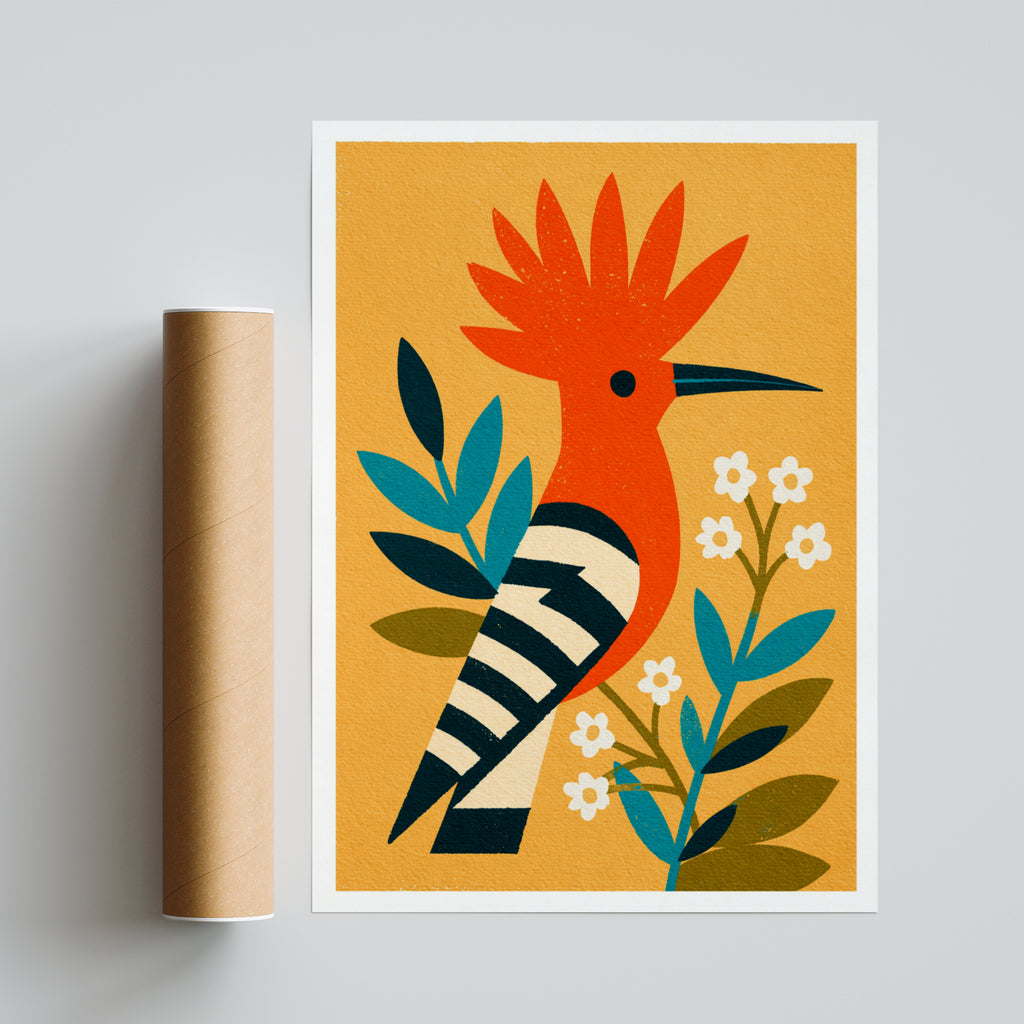Retro Hoopoe Bird Poster, Vintage Mid Century Modern Wall Art, Orange Botanical Animal Art Print