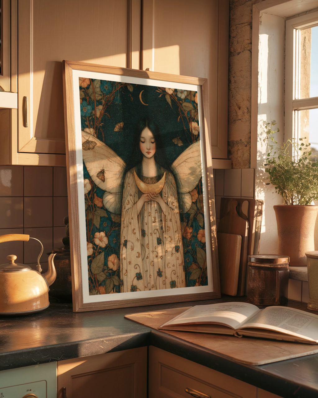 Fairy Moon Girl Classic Inspired Print, Floral Night Sky Poster, Celestial Wall Art