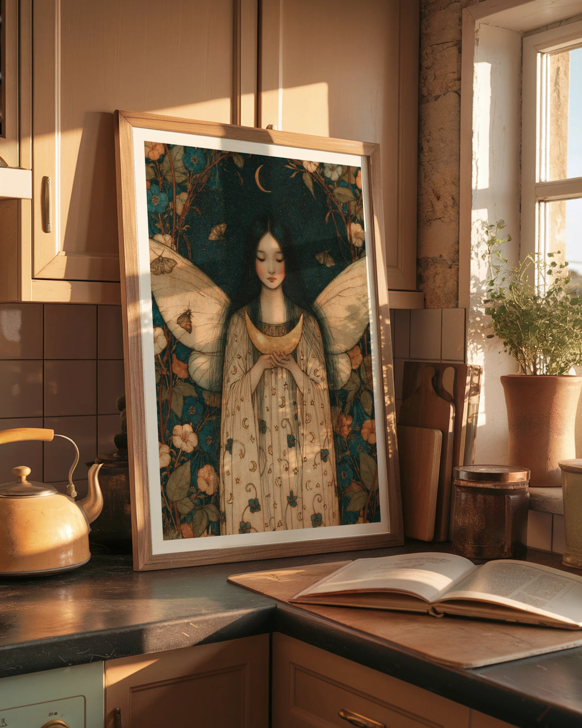 Fairy Moon Girl Classic Inspired Print, Floral Night Sky Poster, Celestial Wall Art