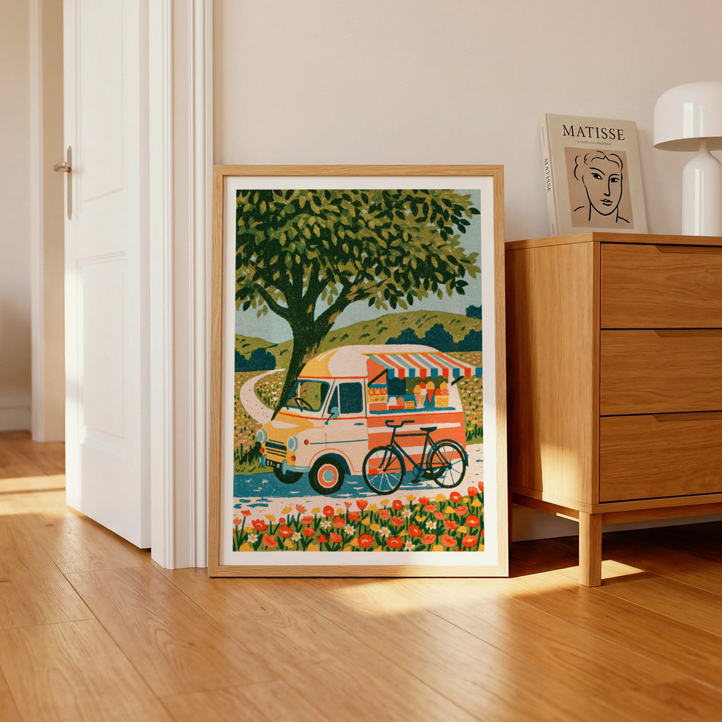Retro Ice Cream Van Poster, Vintage Food Truck Print, Floral Countryside Wall Art