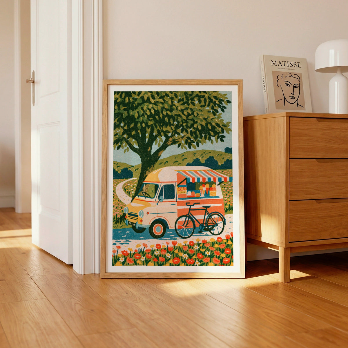 Retro Ice Cream Van Poster, Vintage Food Truck Print, Floral Countryside Wall Art
