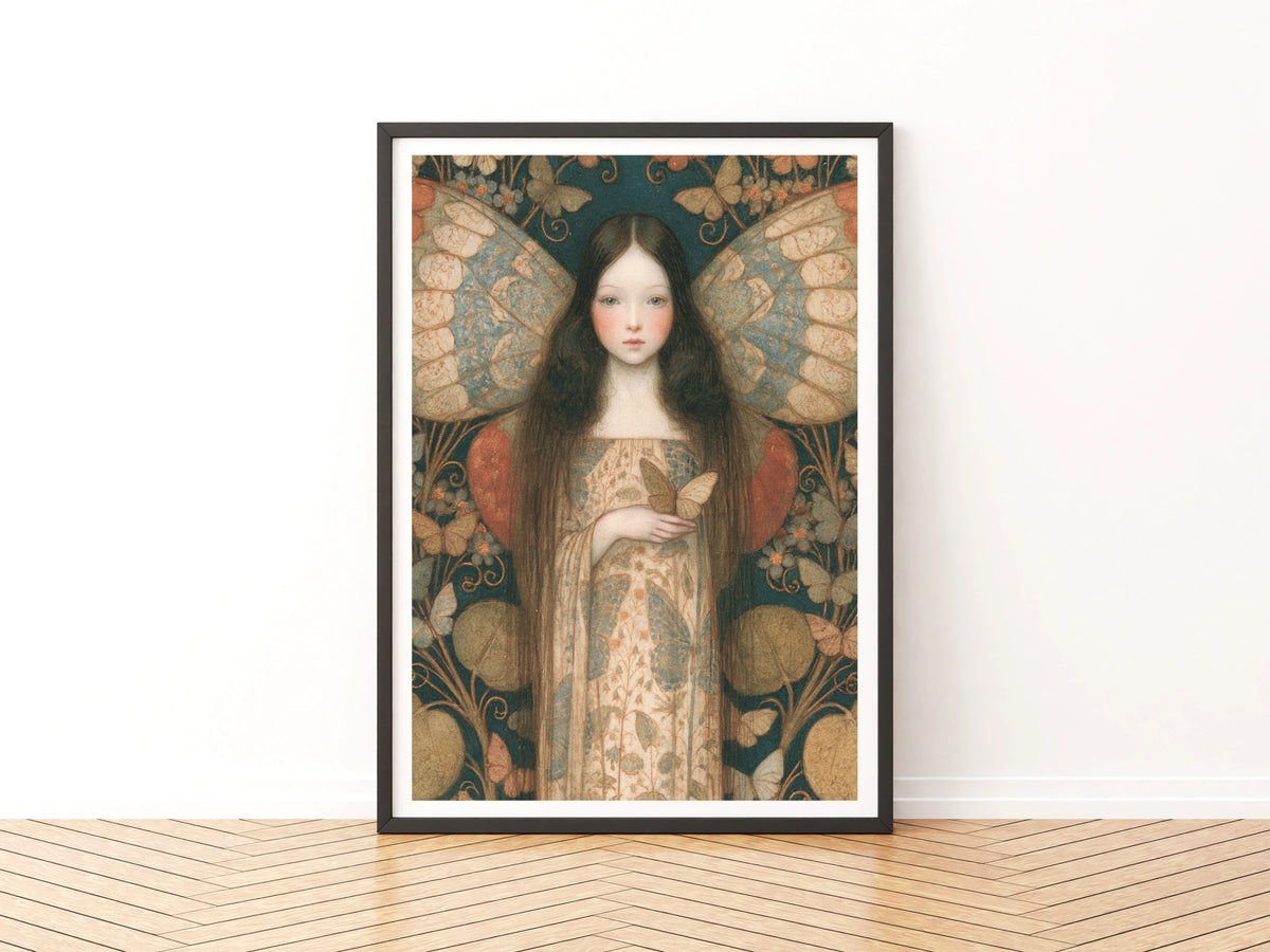 Butterfly Fairy Art Print, Classic Folk Art Poster, Teal Floral Fantasy Wall Art