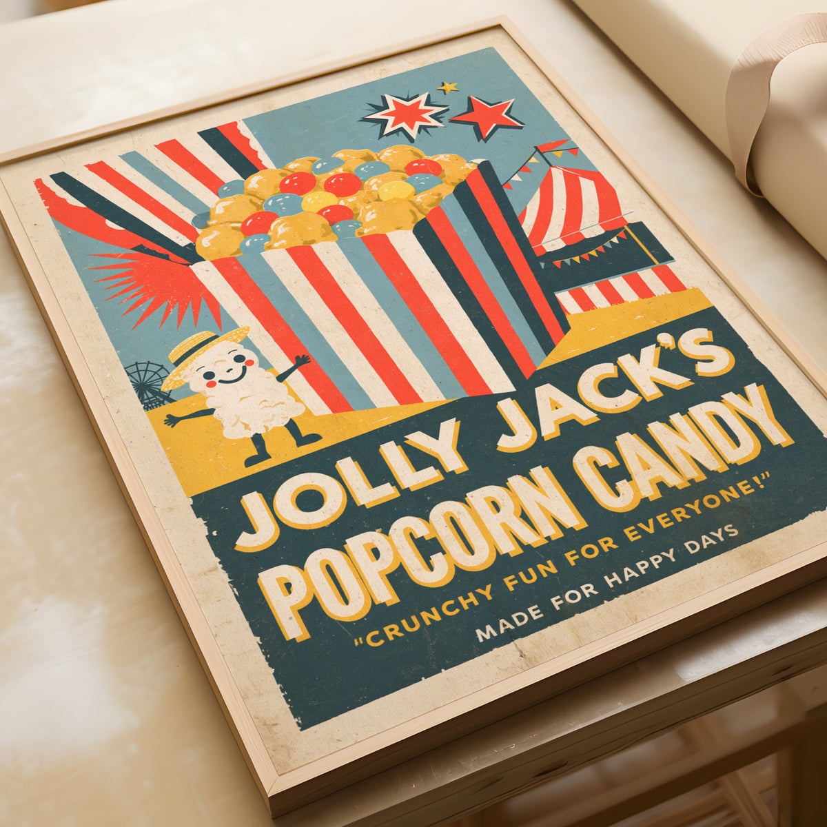 Contemporary Vintage Popcorn Candy Print, Retro Funfair Kitchen Wall Art, Circus Tent Food Poster