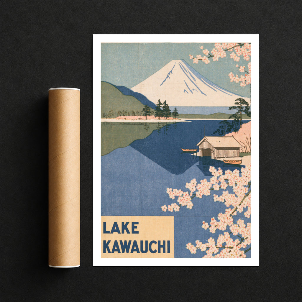 Lake Kawaguchi Retro Travel Print, Mount Fuji Vintage Travel Poster, Japan Cherry Blossom Wall Art