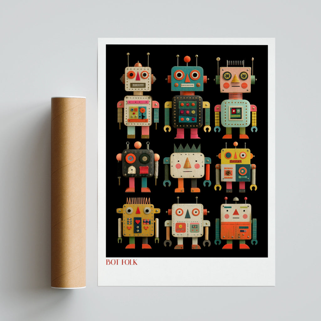 Retro Robot Poster, Bot Folk Kids Wall Art, Vintage Toy Robot Print, Colourful Children's