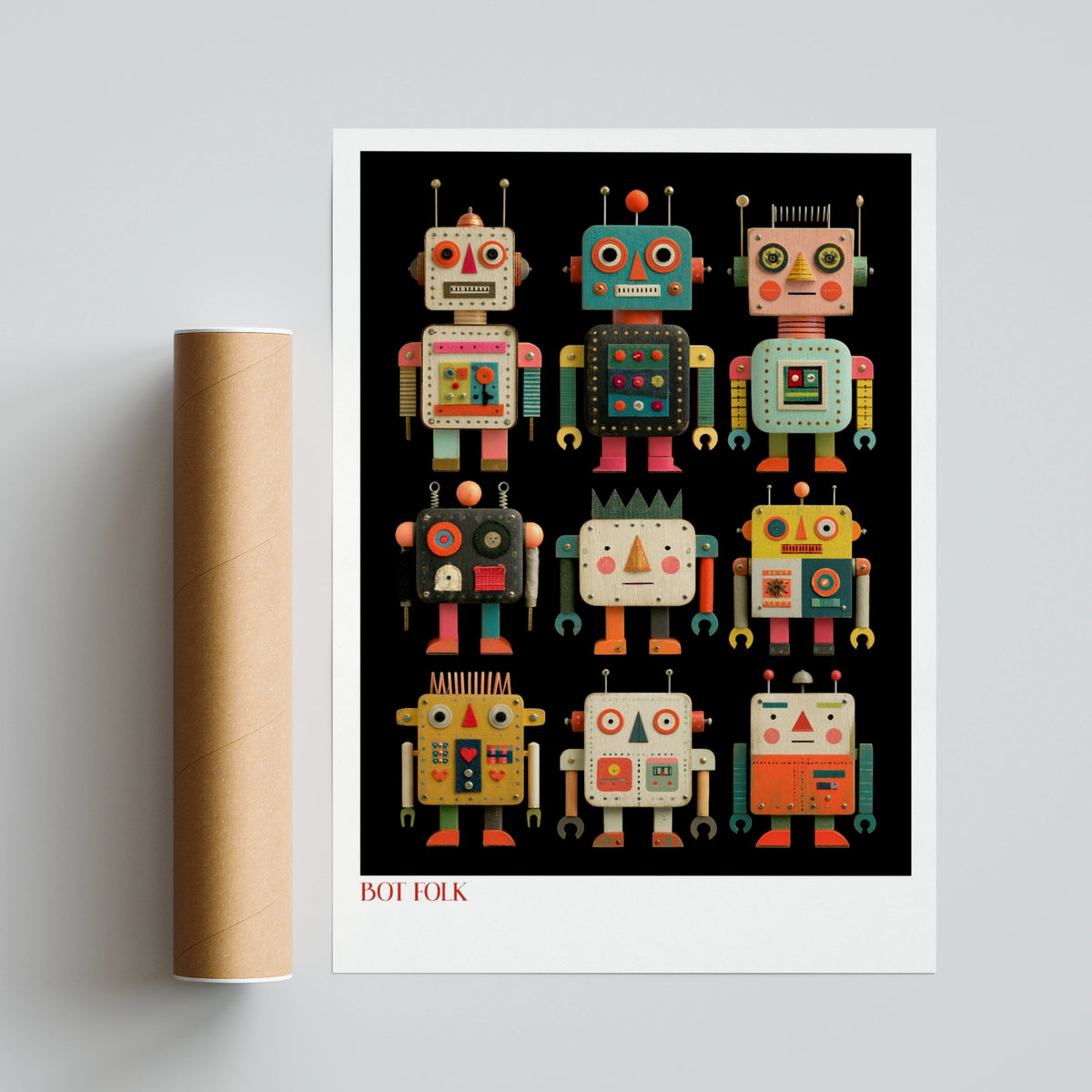 Retro Robot Poster, Bot Folk Kids Wall Art, Vintage Toy Robot Print, Colourful Children's