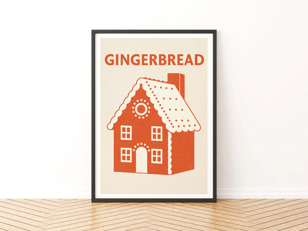Gingerbread House Vintage Food Poster Print | Rustic Kitchen Decor | Retro Mid Century Risograph Christmas Kitchen
