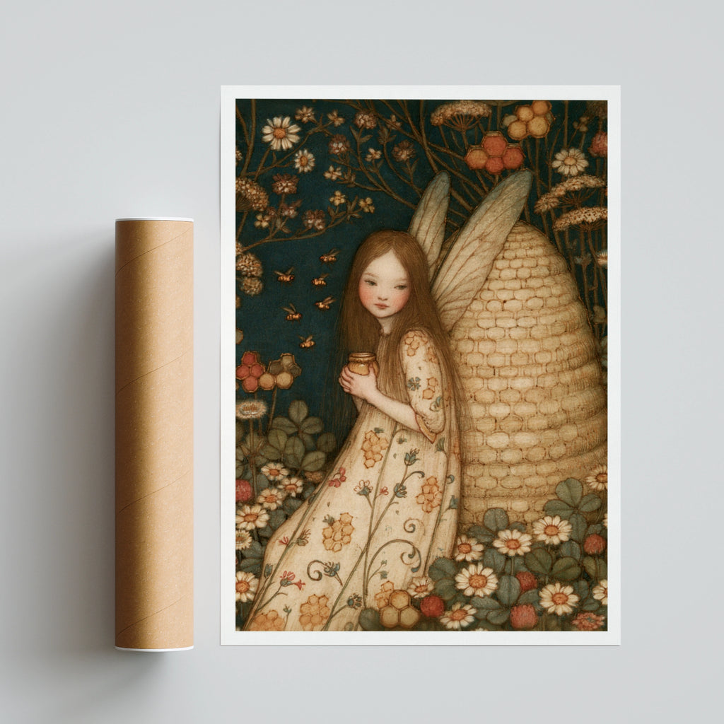 Fairy Girl Bee Skep Print, Classic Folk Art Poster, Floral Botanical Whimsical Wall Art