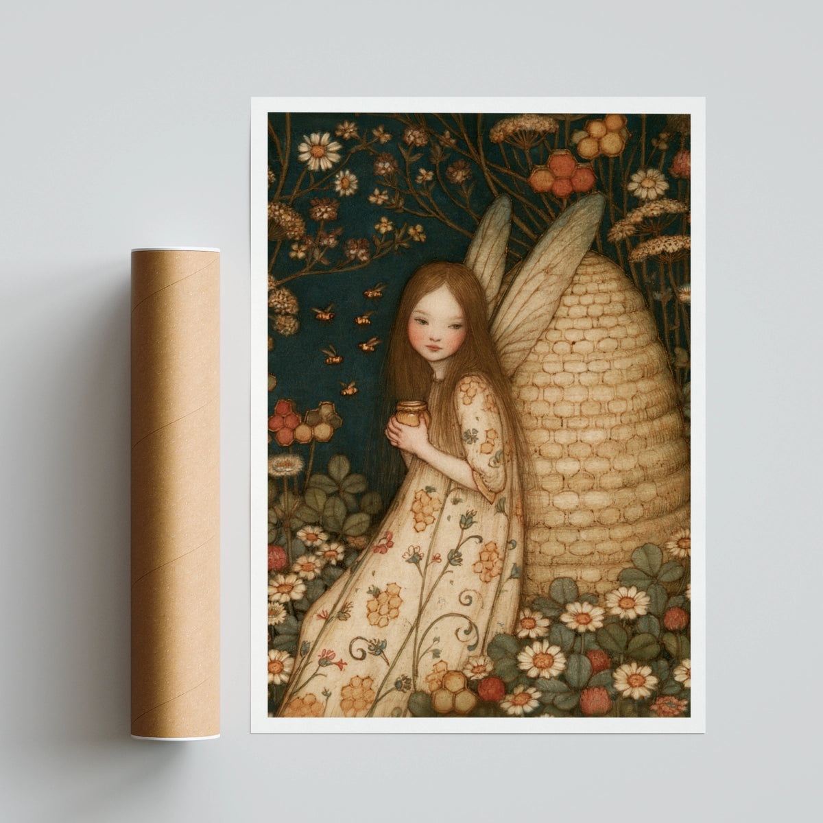 Fairy Girl Bee Skep Print, Classic Folk Art Poster, Floral Botanical Whimsical Wall Art