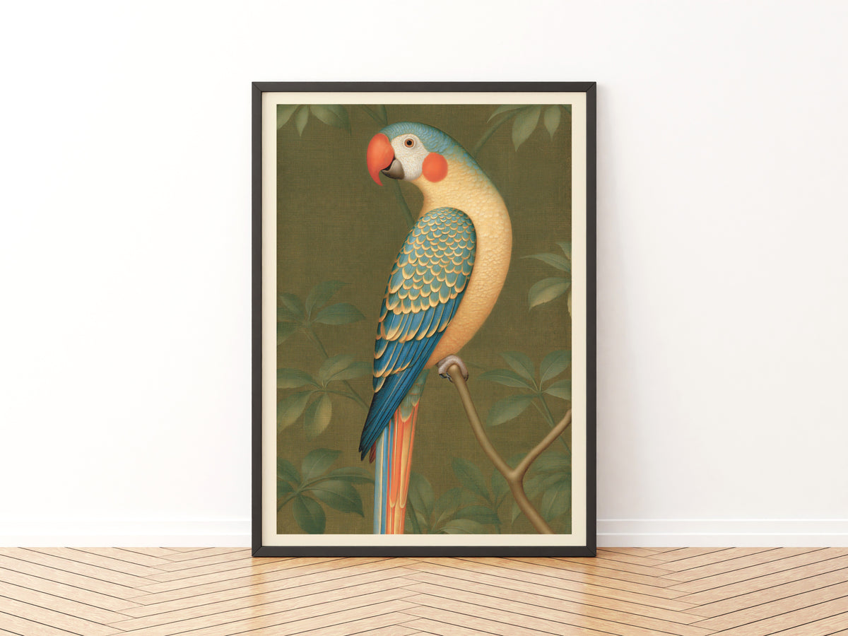 Vintage Parrot Poster, Classic Inspired Prints, Tropical Bird Wall Art, Olive Green Botanical Decor