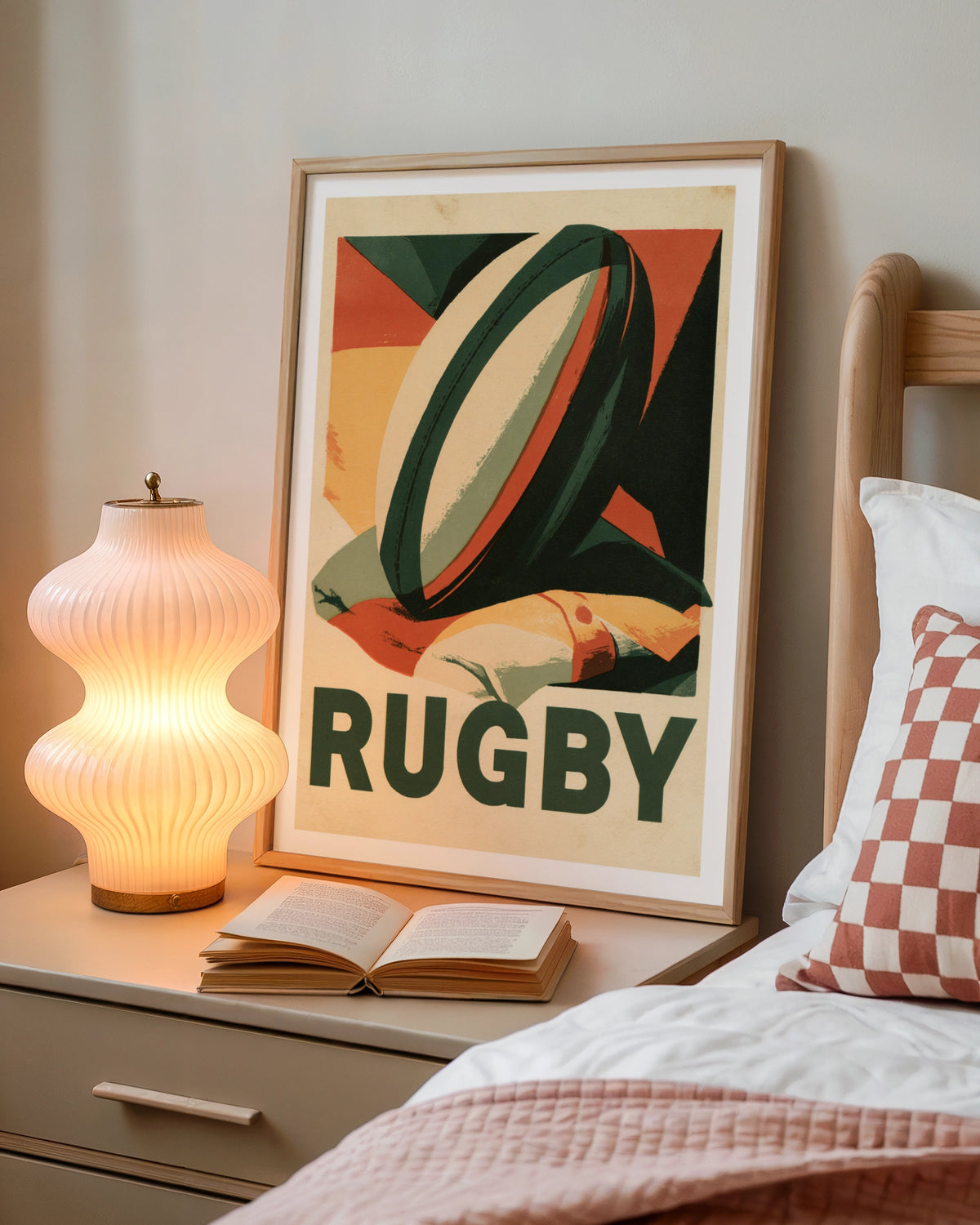 Retro Rugby Poster, Vintage Sport Wall Art Print, Rugby Ball, Green Orange Decor