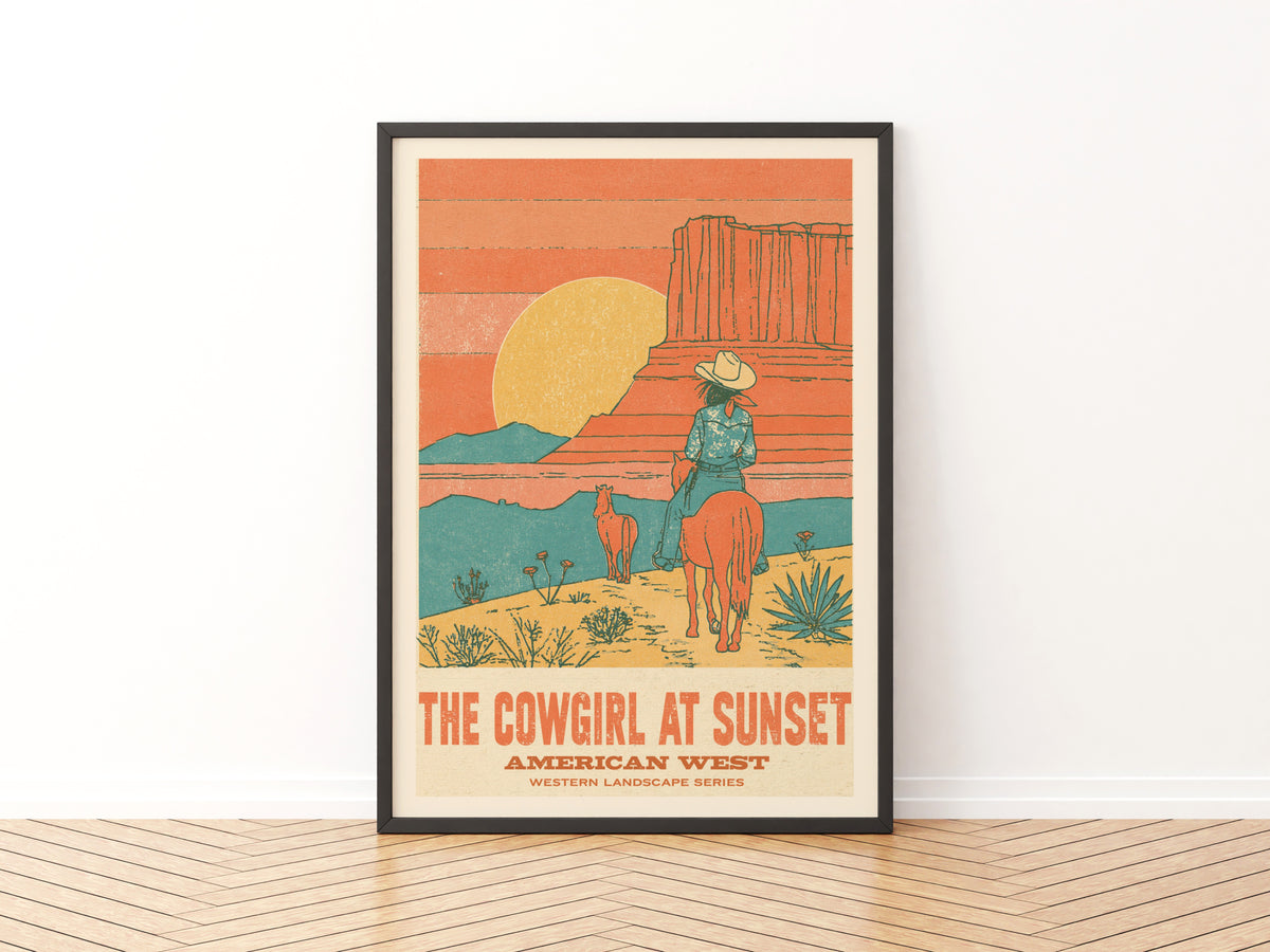 Contemporary Cowgirl at Sunset Print, American West Wall Art, Desert Canyon Retro Western Decor