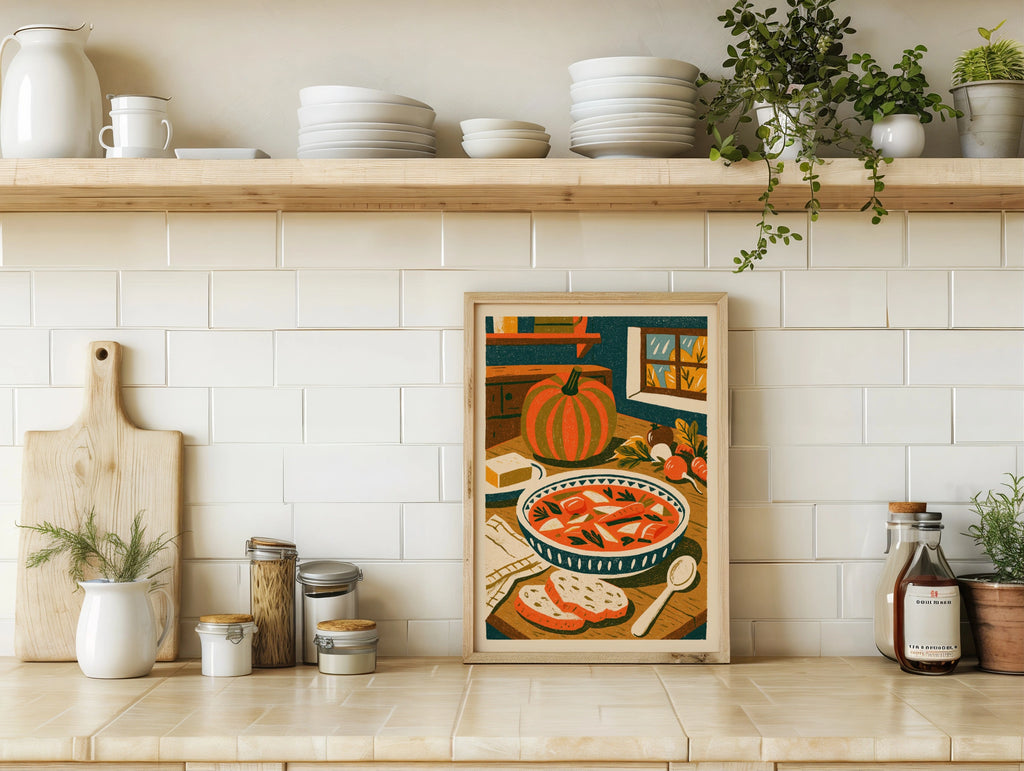 Vintage Food Poster Print, Rustic Kitchen Decor, Retro Mid Century Risograph Pumpkin Soup Art