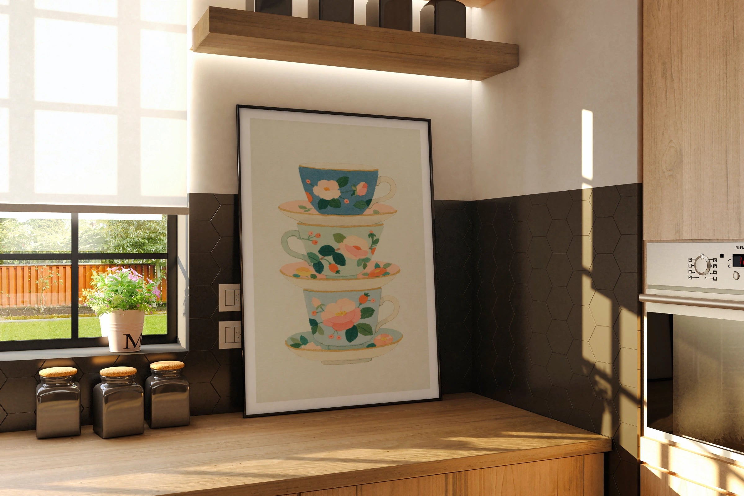 Vintage Food Poster Print, Stacked Teacups, Rustic Kitchen Decor, Floral Tea Art
