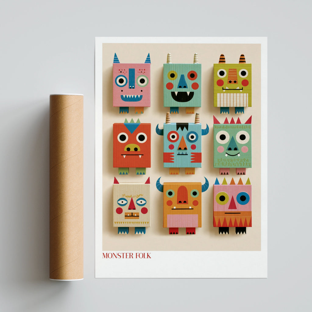 Monster Folk Kids Wall Art Print, Retro Nursery Poster, Colourful Children's Collectable Decor