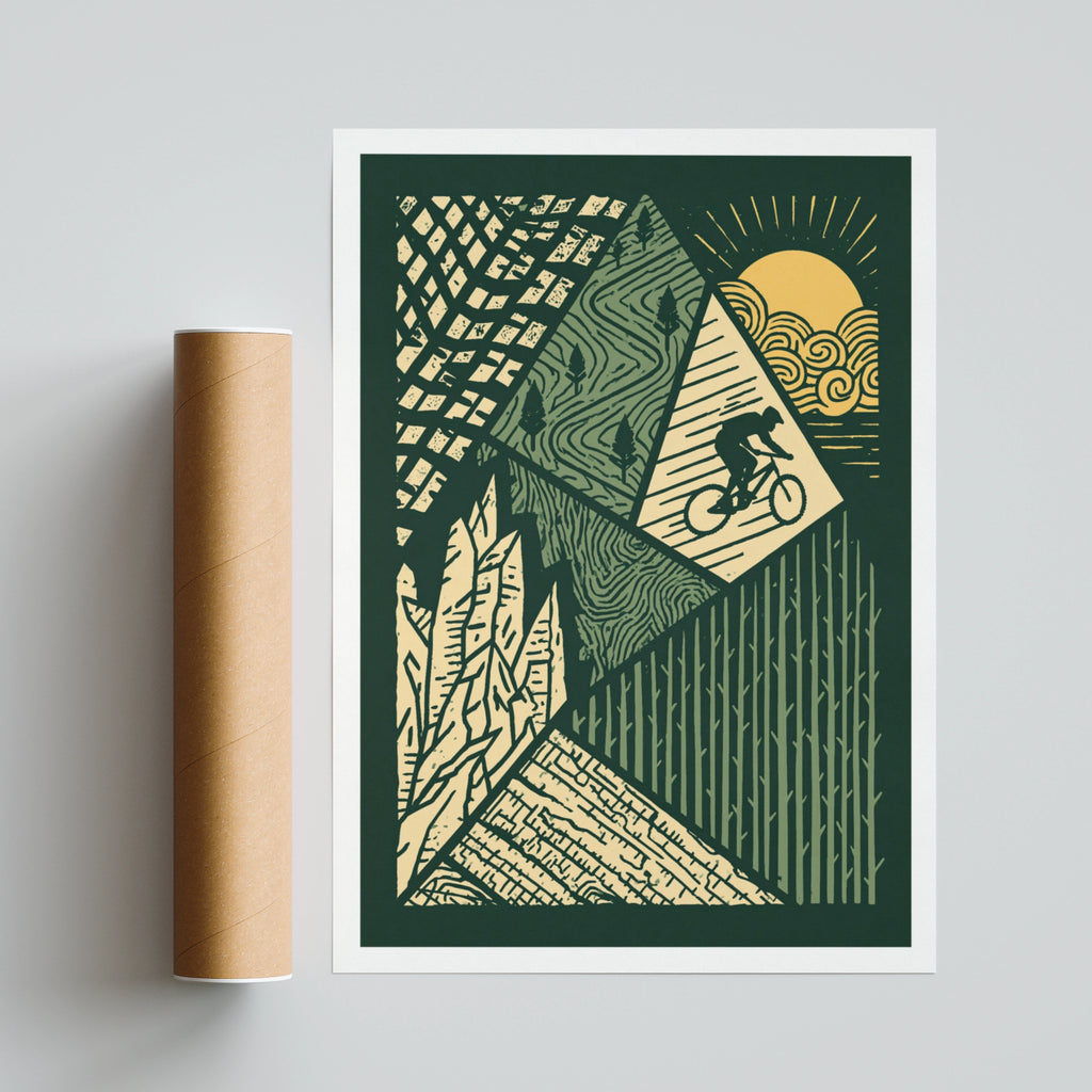 Mountain Bike Retro Poster, MTB Trail Art Print, Vintage Cycling Wall Art, Green