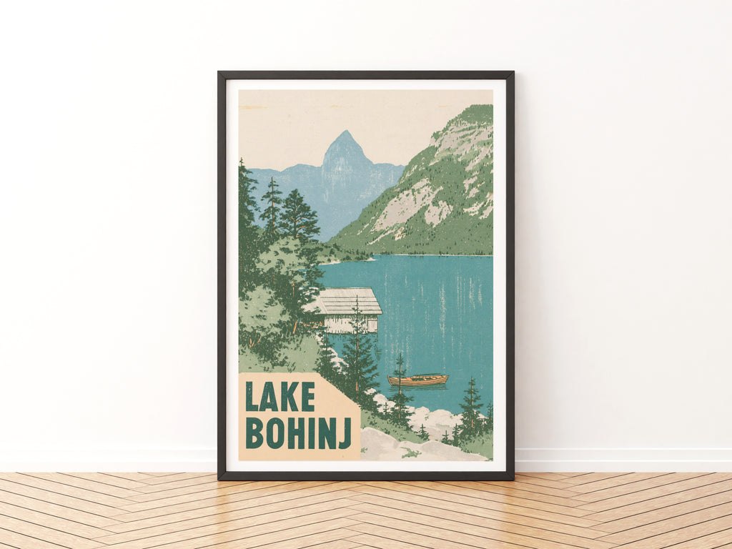 Retro Lake Bohinj Poster, Vintage Travel Print, Slovenia Julian Alps Mountain Lake Wall Art