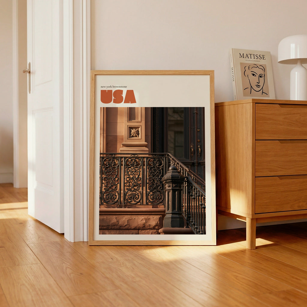 New York Brownstone Retro Travel Poster, NYC Architecture Wall Art Print USA