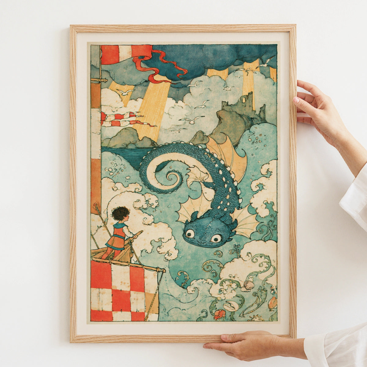 The Sea Captain & Sea Dragon Print,  Ocean adventure Art for Boys Bedroom, Mytholgy