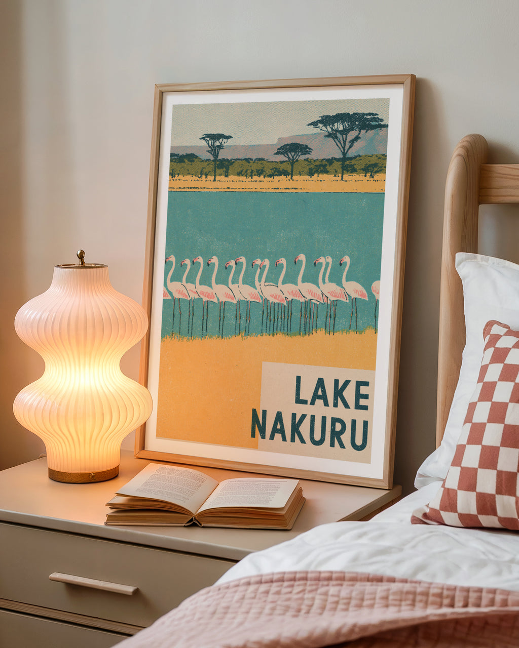 Retro Lake Nakuru Poster, Vintage Travel Flamingo Print, Kenya Safari Wall Art, African Wildlife