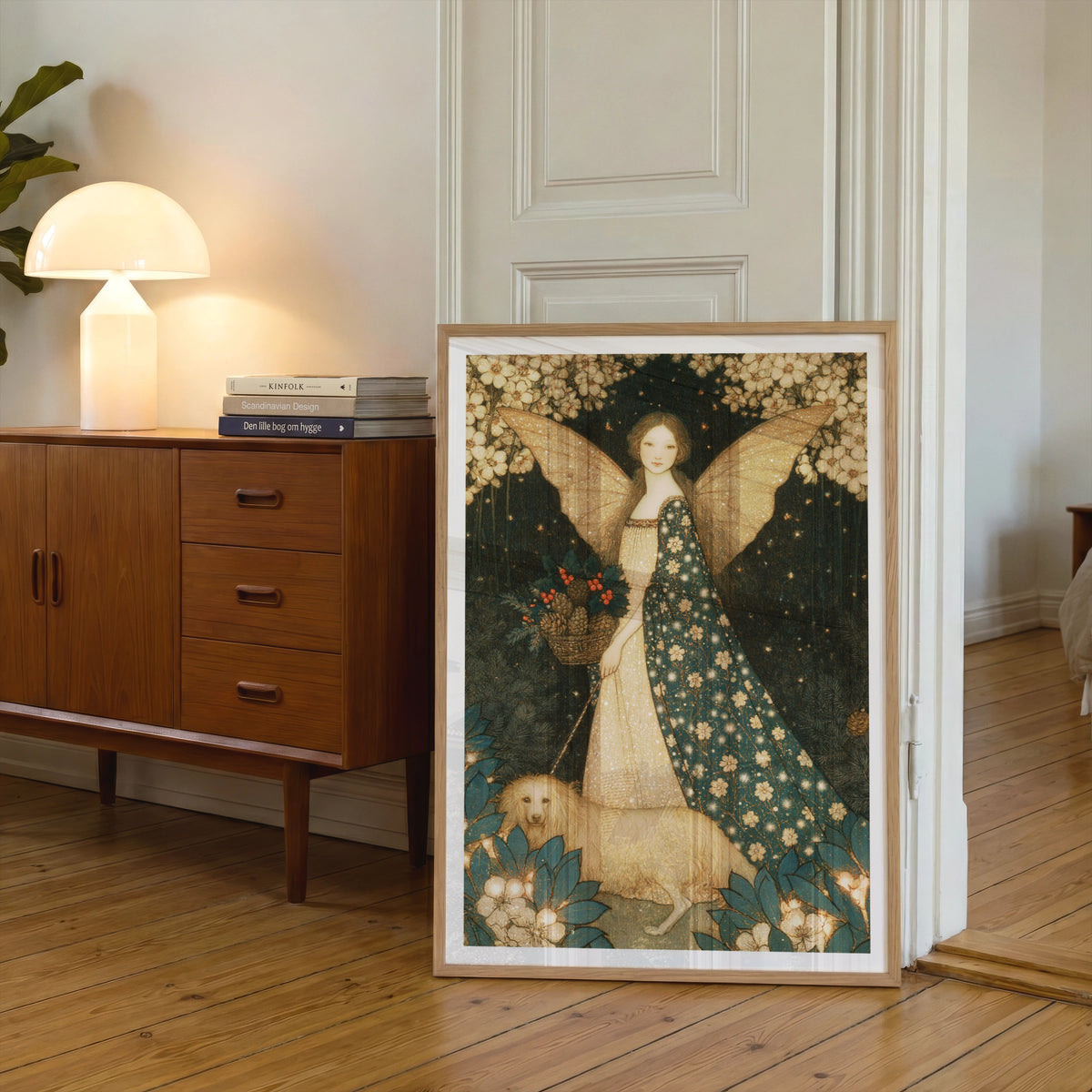 Winter Fairy Print, Christmas Angel Poster, Vintage Folk Art, Teal Gold Festive Wall Art