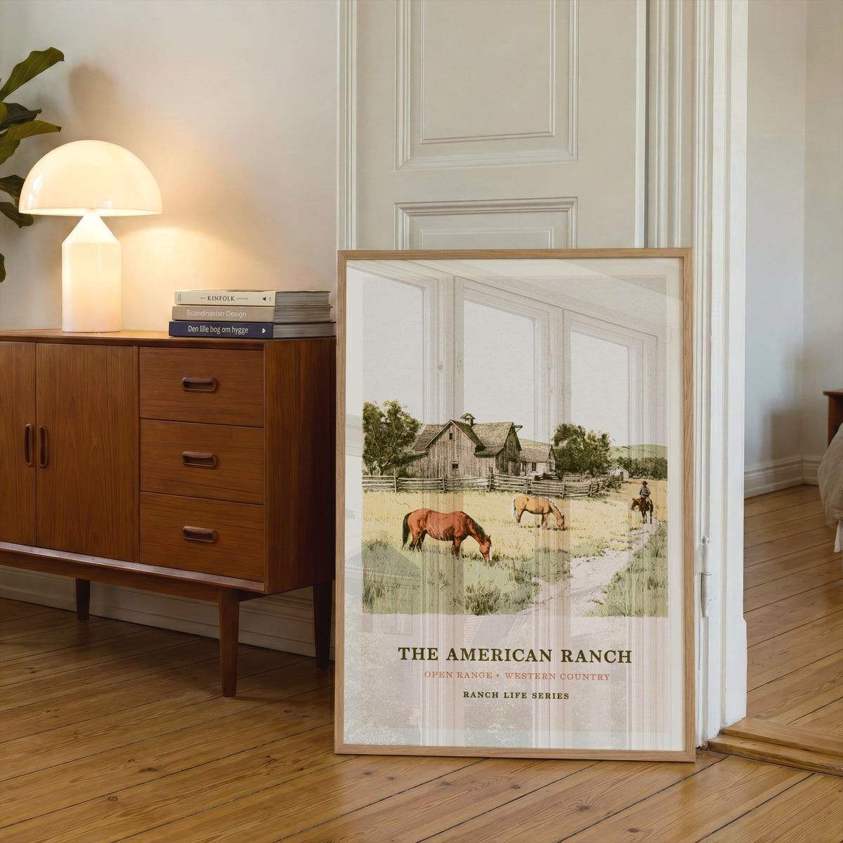 The American Ranch Poster, Vintage Western Wall Art, Horses Grazing, Rustic Barn Landscape Print
