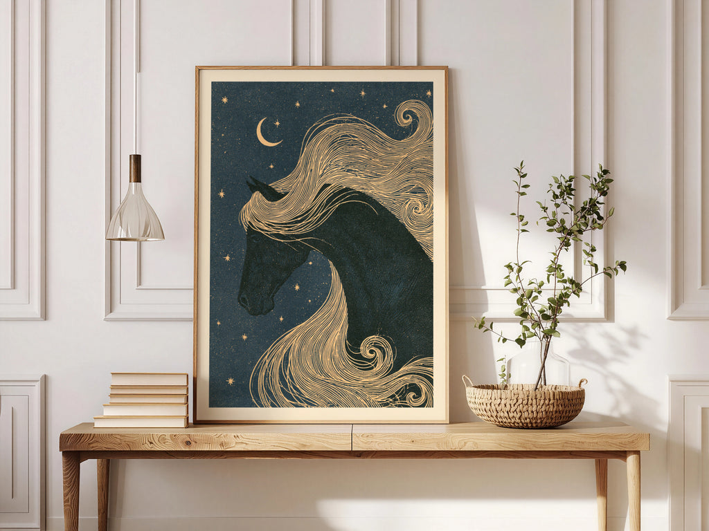 Celestial Horse Wall Art, Black Horse Poster, Moon and Stars Print, Equestrian Decor, Night Sky Art