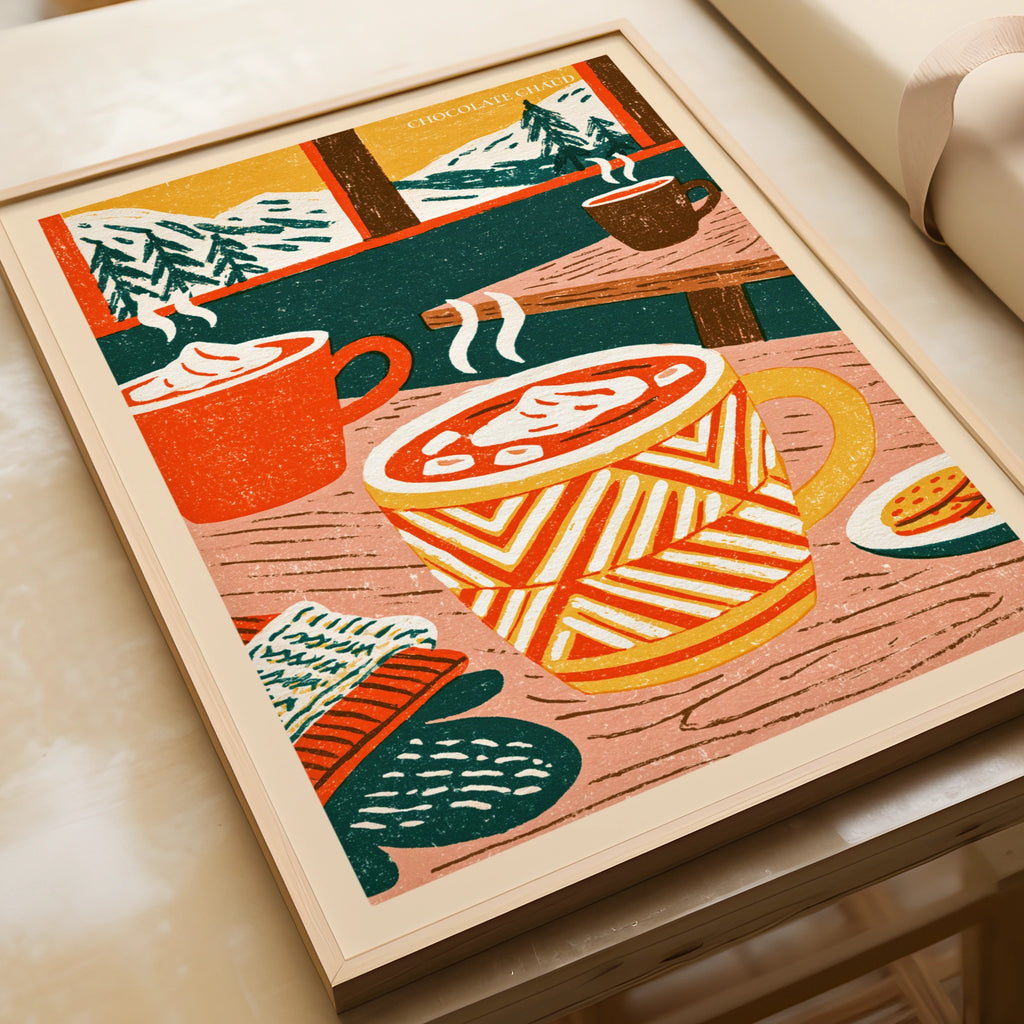 Vintage Food Poster Print, Hot Chocolate Chaud, Rustic Kitchen Decor, Retro Mid Century Risograph