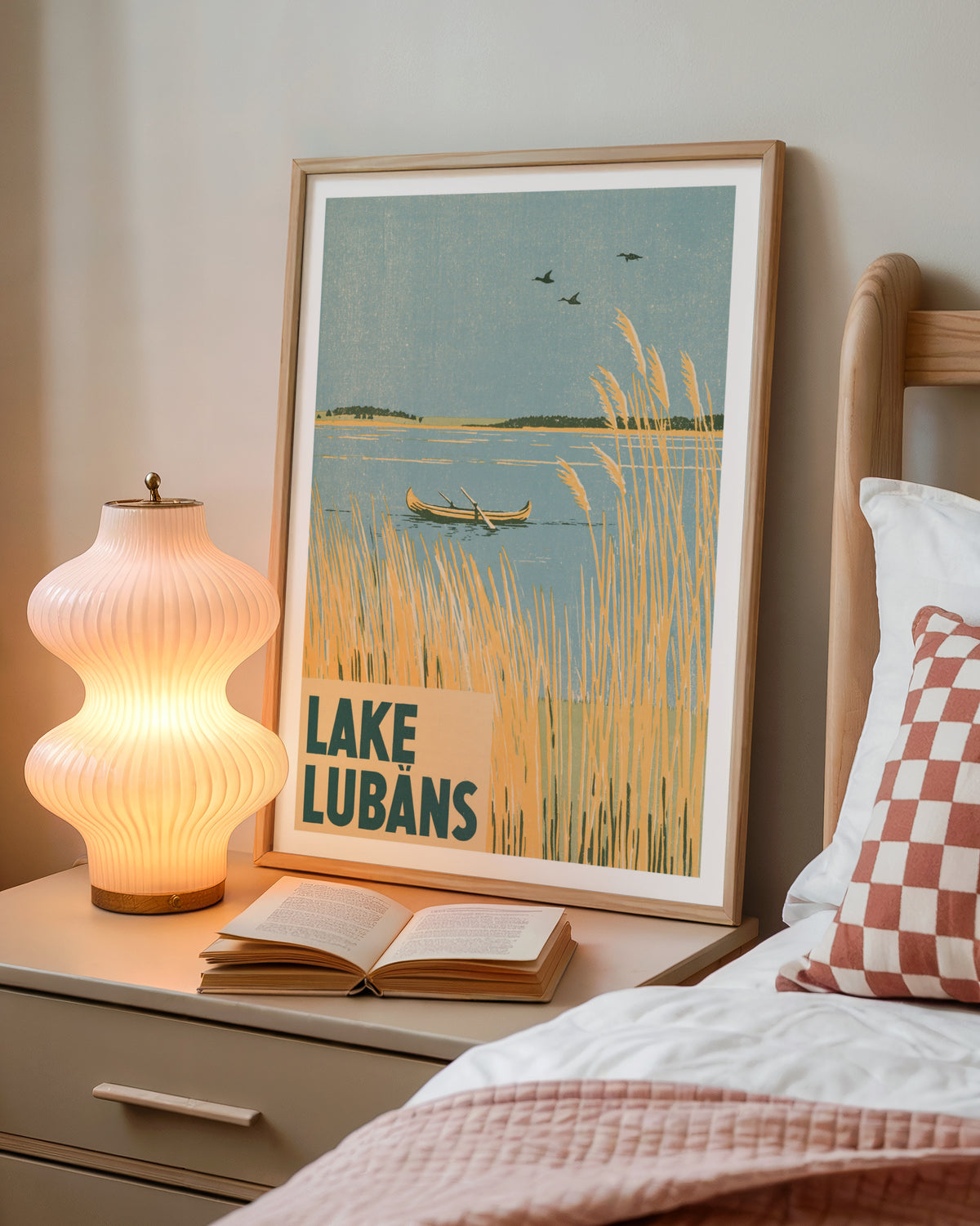 Retro Lake Lubans Poster, Vintage Travel Print, Latvia Wall Art, Reed Lake Landscape, Woodblock