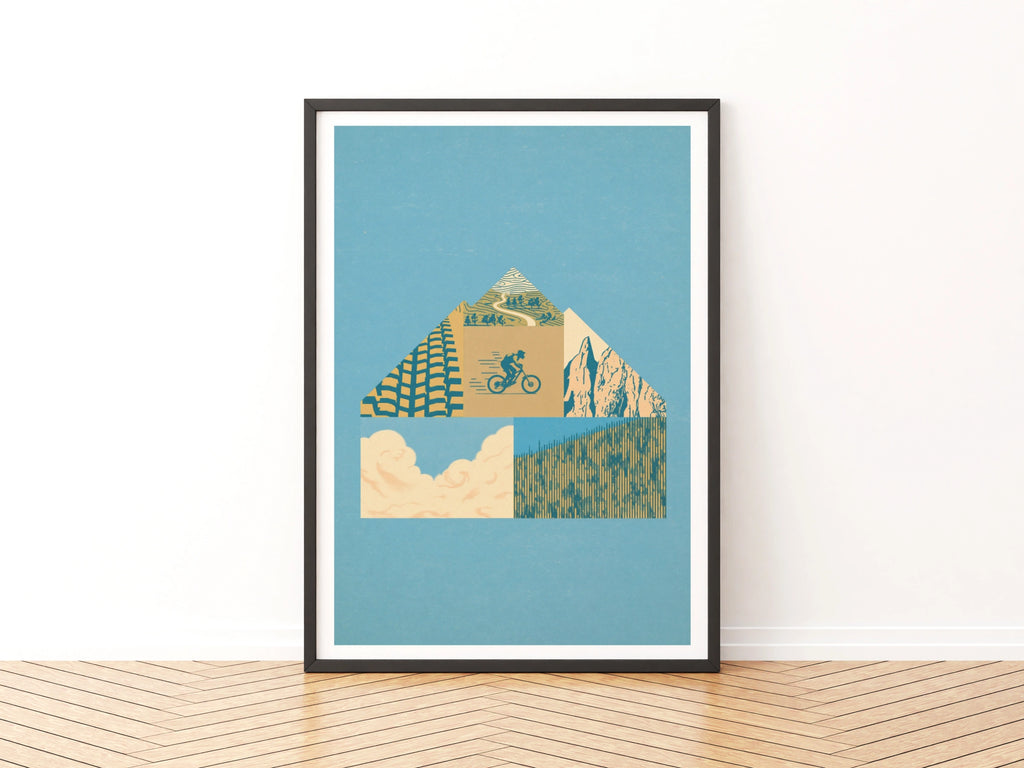 Mountain Bike Retro Poster, Cycling Wall Art Print, Vintage MTB Collage, Blue Gold